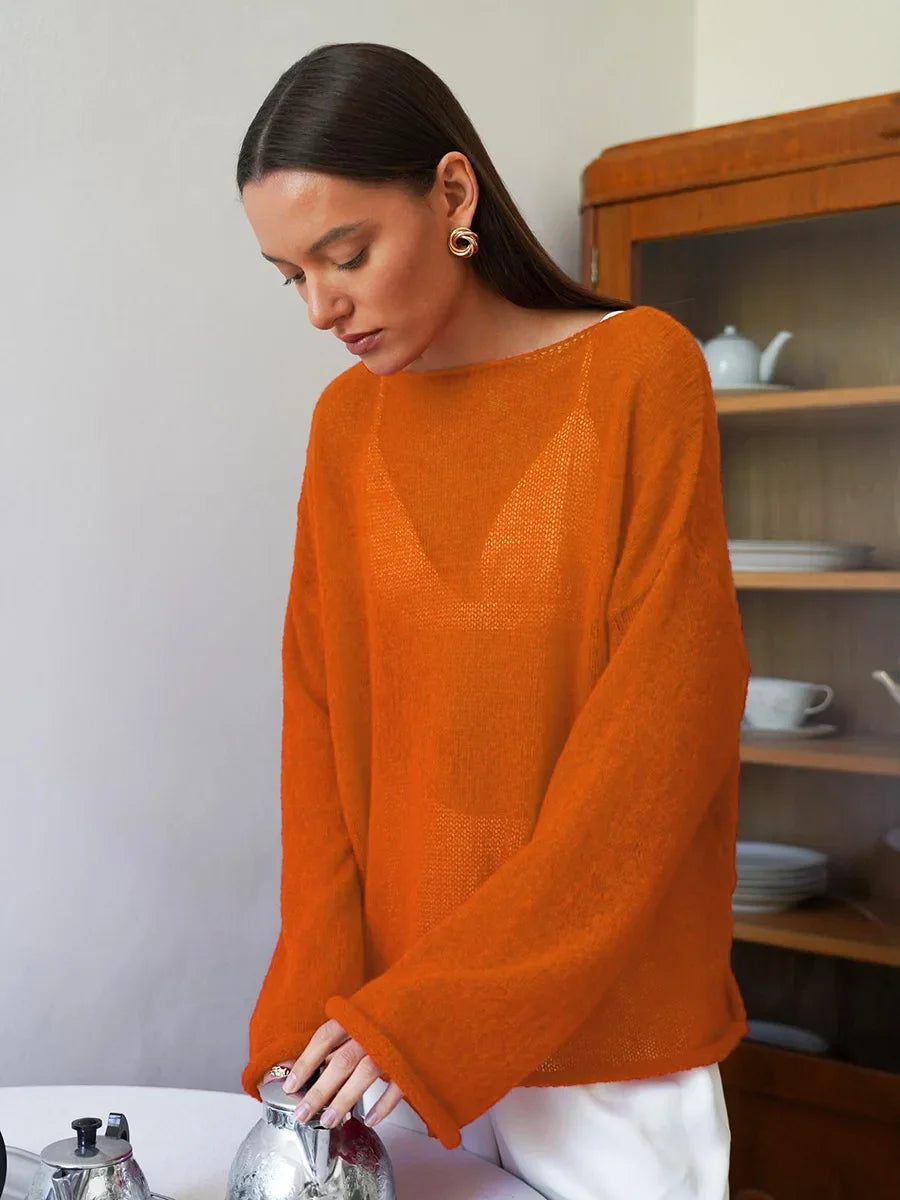 Talenza Hollow Knitted Sweater Pullover Women's Solid See-through O-Neck Long Sleeve Knitted T-Shirt Loose Casual Pullover 2025 | Color:Orange