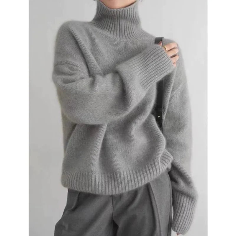 2024 Autumn and Winter New Thick Cashmere Sweater Women High Neck Pullover Sweater Warm Loose Knitted Base Sweater Jacket Tops | Color:gray