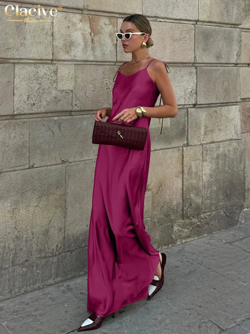 Clacive Fashion Loose Brown Satin Womens Dresses 2025 Summer Strap Sleeveless Floor Length Dress Sexy Backless Female Dress | Color:Pink