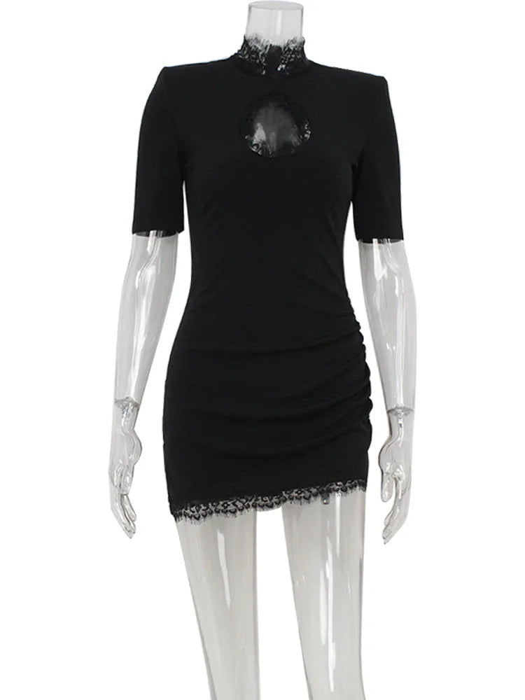 Ahagaga Sexy Sheath Women's Mini Dresses Solid Lace Turtleneck Slim Fit Bodycon Hollow Out Half Sleeves Streetwear Vestidos Robe | 4