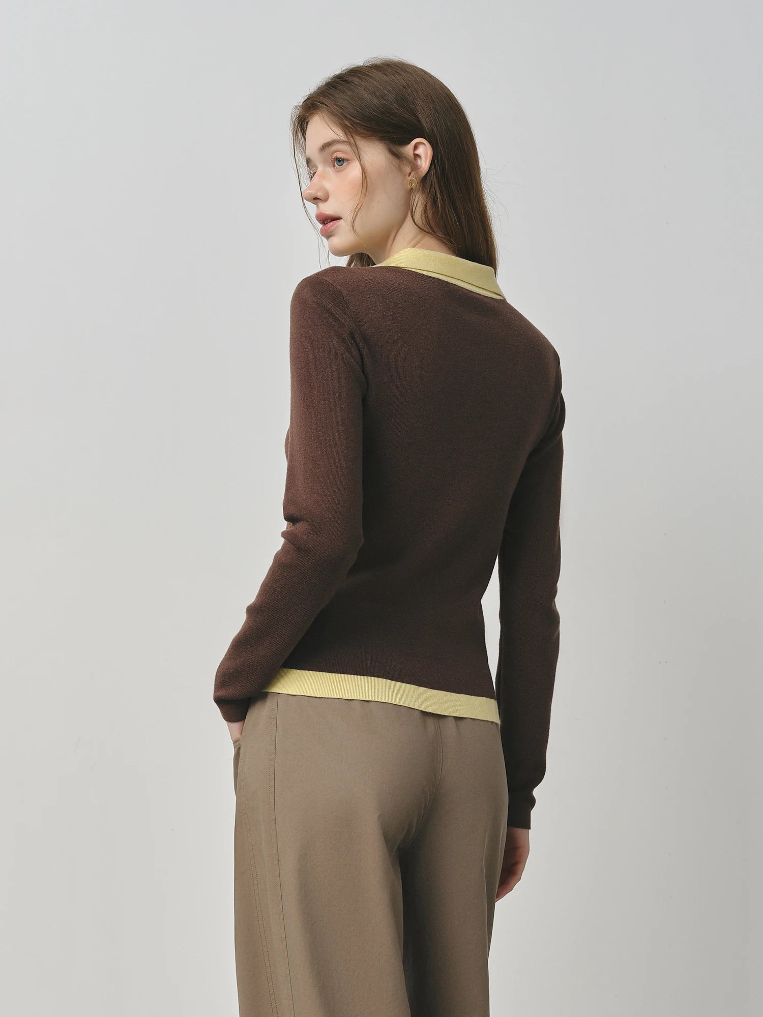 FSLE 2025 New Autumn Women's Knitted Sweater Color Block Barenia Style Fake Two-Pieces Turn Collar Vintage Cozy Cable Knit Top | 3