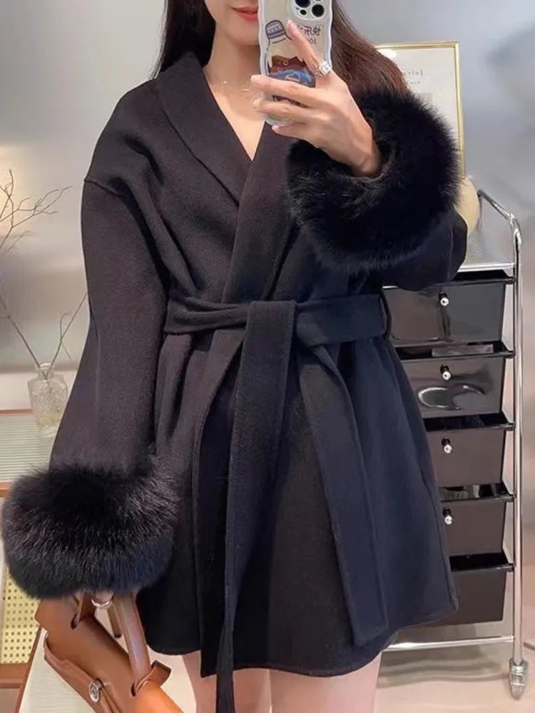 DFDG Short Lace Up Lapel Cashmere Woolen Coat For Women's Fashion Temperament 2024 Autumn And Winter New Collection | 4