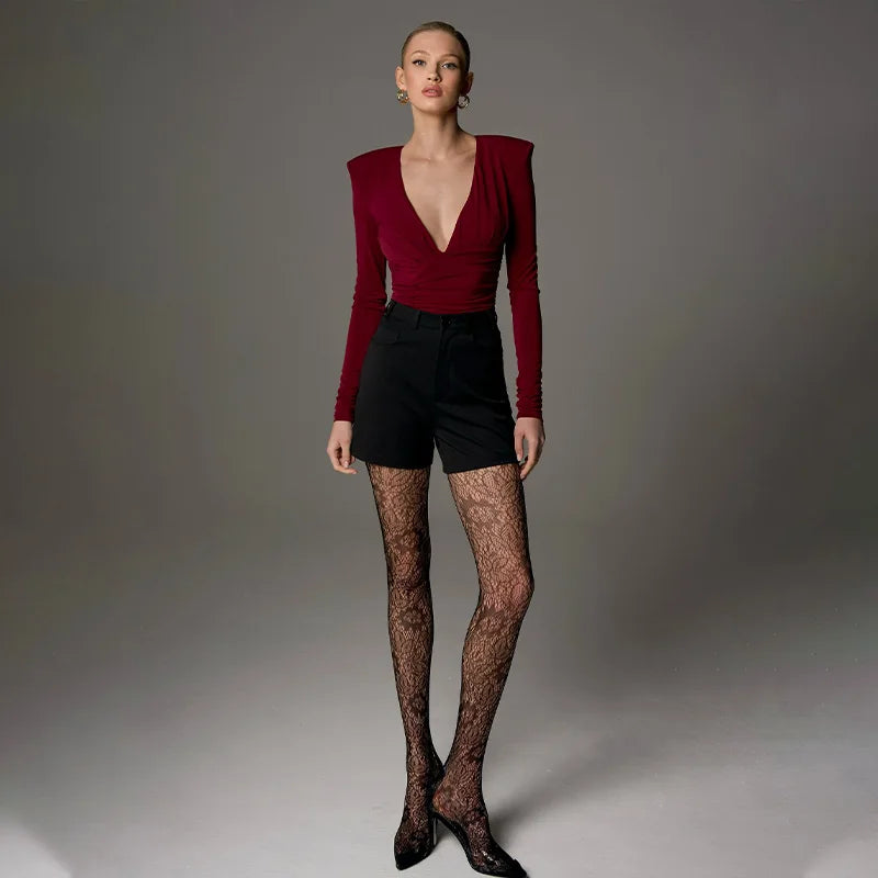 Ahagaga Fashion Women's Bodysuits Solid Regular Long Sleeves Deep V-Neck Basic Tops Skinny Streetwear Slim Fit Female T Shirts | Color:Red