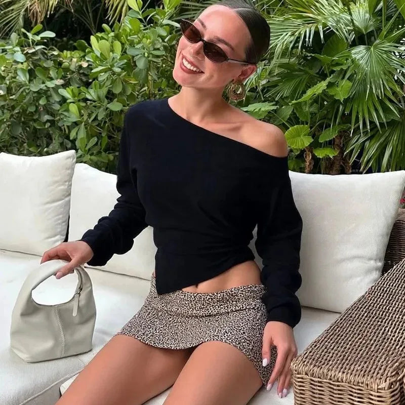 Talenza Women Casual Top Fashion Slim Slit Long Sleeve Pullover Top Sexy Strapless Pleated New Party Looks Top Female Streetwear | Color:Black