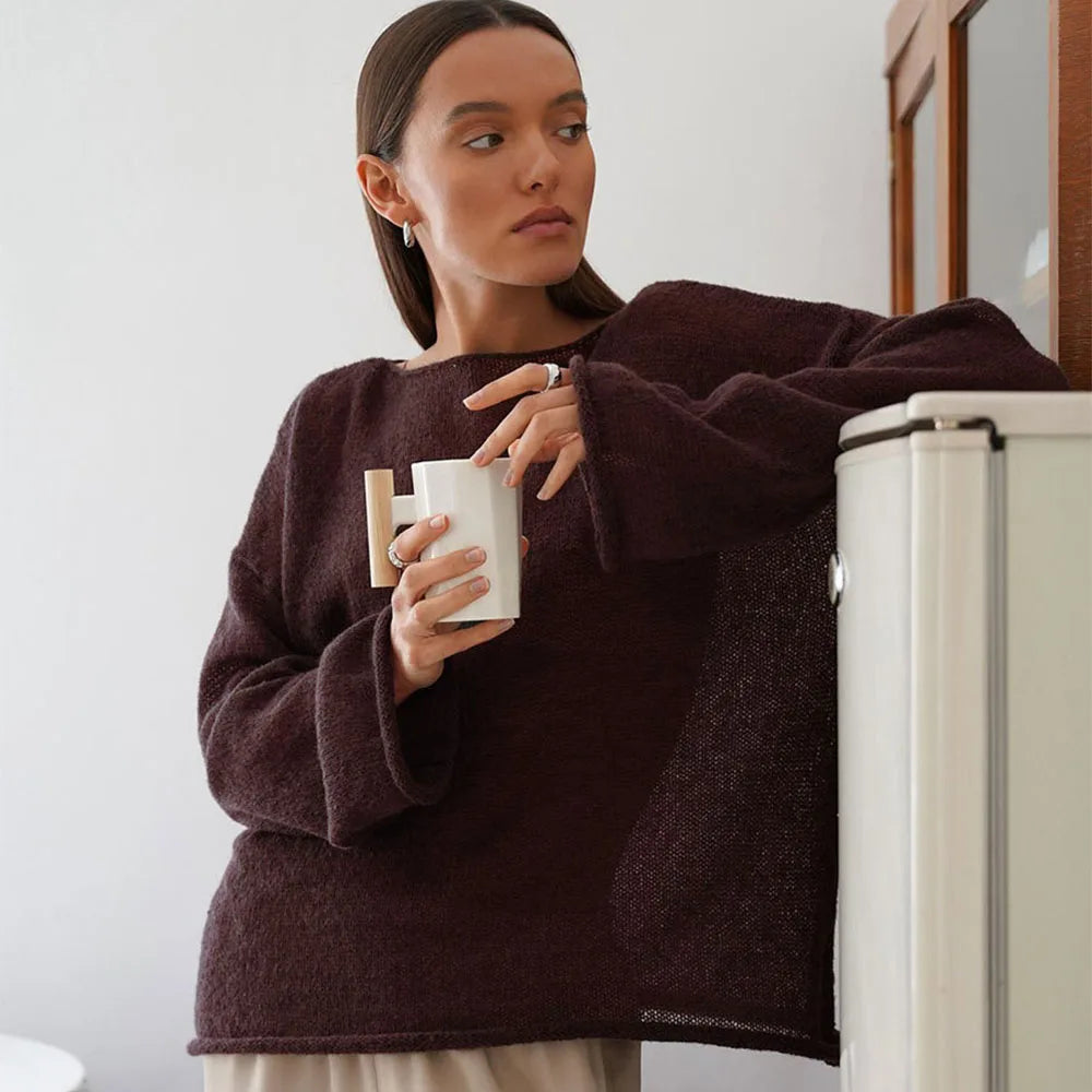 Talenza Hollow Knitted Sweater Pullover Women's Solid See-through O-Neck Long Sleeve Knitted T-Shirt Loose Casual Pullover 2025 | 1