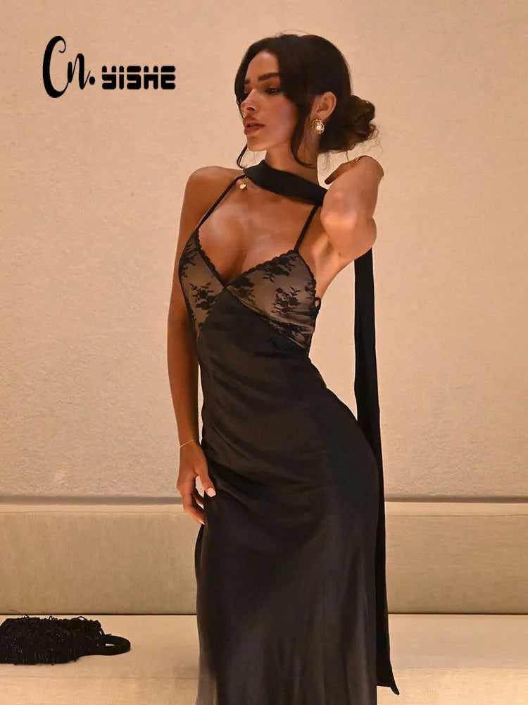 CNYISHE Lace Patchwork Backless Camisole Women Dresses Sleeveless V Neck Outfits Sexy Club Fashion Solid Female Vestidos Robes | 0