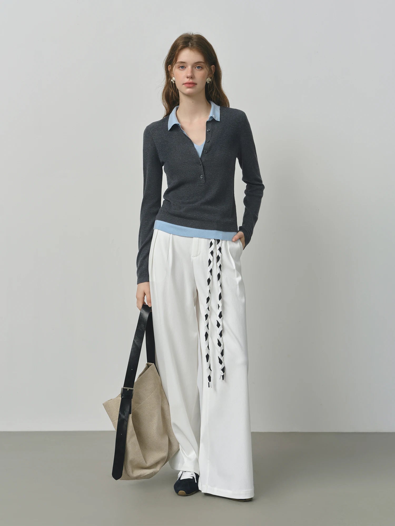 FSLE 2025 New Autumn Women's Knitted Sweater Color Block Barenia Style Fake Two-Pieces Turn Collar Vintage Cozy Cable Knit Top | 1