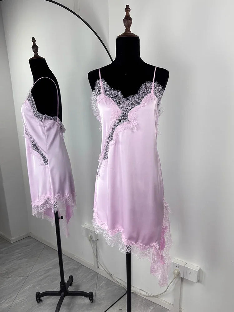 Tuularose Sexy Lace Tank Top Women Solid Lace Patchwork Asymmetrical Camis Top Summer Streetwear Party Outfit Vacation Women Top | Color:Pink Dress