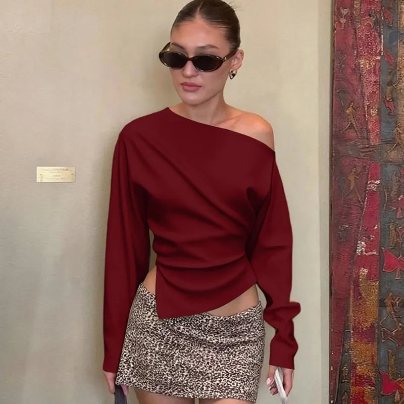 Talenza Women Casual Top Fashion Slim Slit Long Sleeve Pullover Top Sexy Strapless Pleated New Party Looks Top Female Streetwear | Color:Burgundy