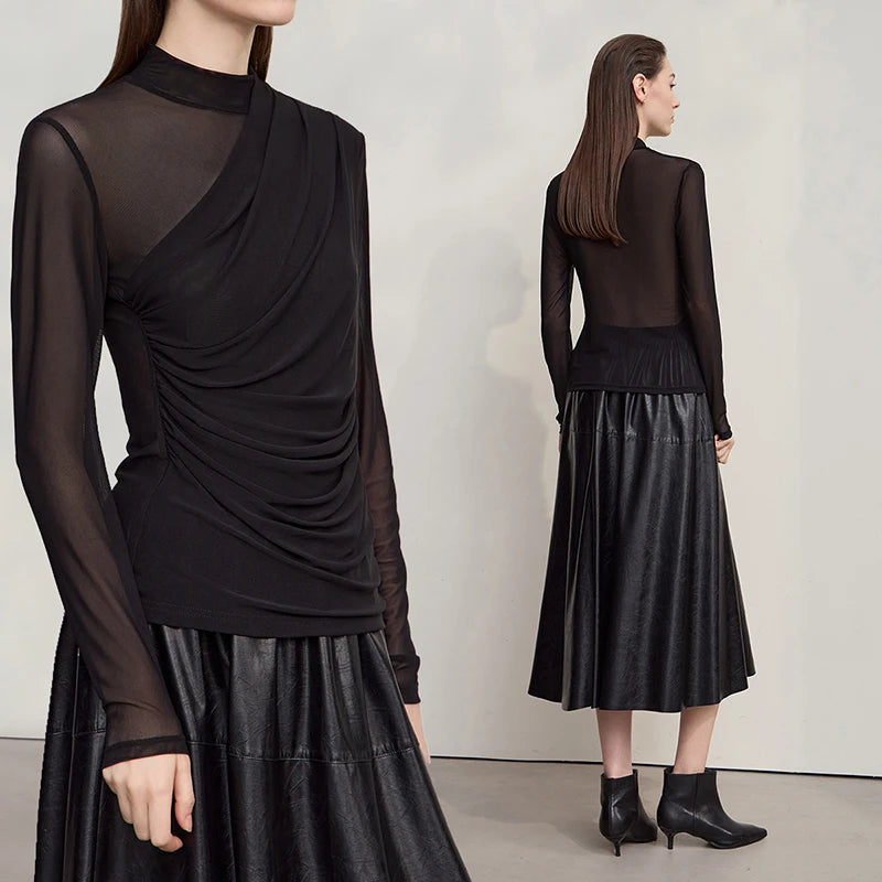 AMII T Shirts Women 2025 Autumn New O-Neck Slim Versatile Lady Knitted Tops Long Sleeve Sexy See-through Mesh T-shirt 12543162 | 1