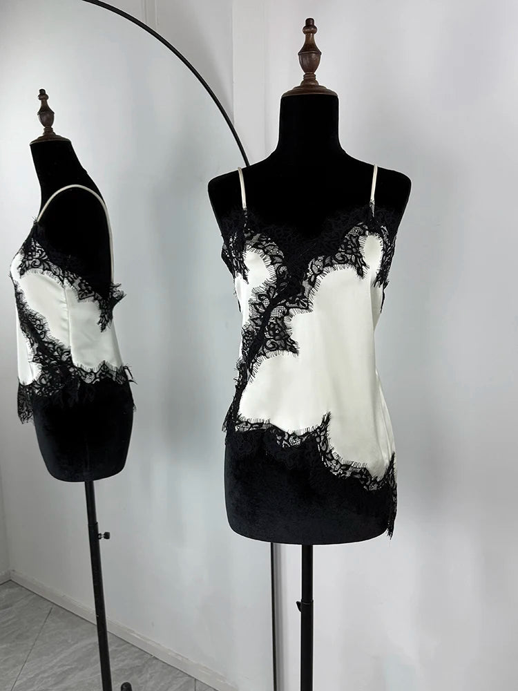 Tuularose Sexy Lace Tank Top Women Solid Lace Patchwork Asymmetrical Camis Top Summer Streetwear Party Outfit Vacation Women Top | Color:White And Black Top