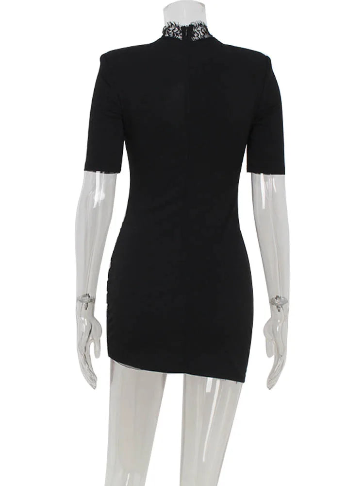 Ahagaga Sexy Sheath Women's Mini Dresses Solid Lace Turtleneck Slim Fit Bodycon Hollow Out Half Sleeves Streetwear Vestidos Robe | 5