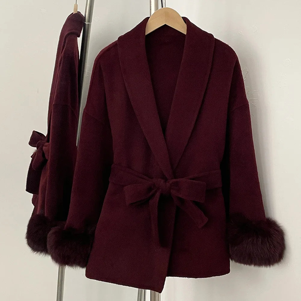 DFDG Short Lace Up Lapel Cashmere Woolen Coat For Women's Fashion Temperament 2024 Autumn And Winter New Collection | Color:Red