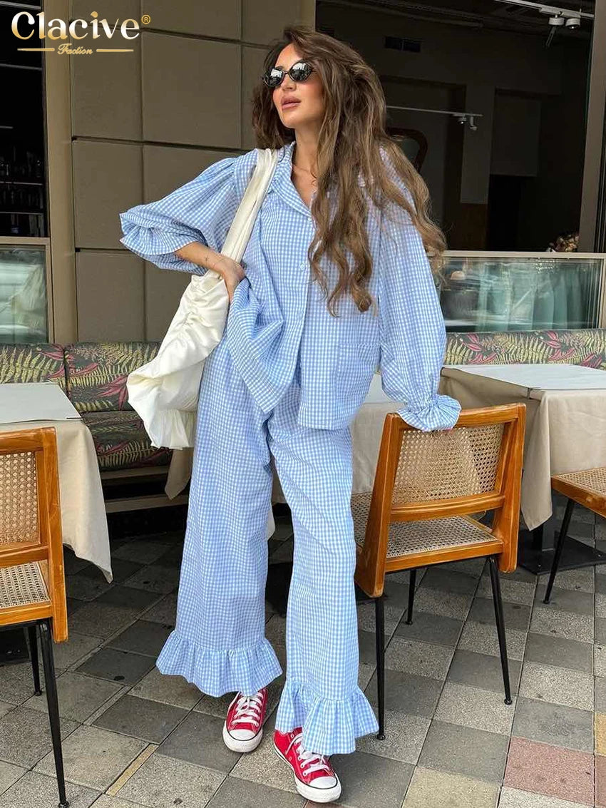Clacive Fashion Loose Plaid Cotton Women's 3 Pieces Set 2025 Elegant Long Sleeve Shirt With High Wiast Wide Pants Set Female | Color:Blue