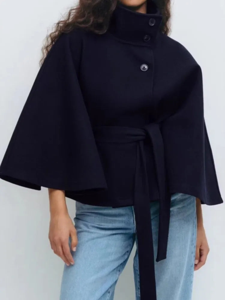 Casual Y2K Coats Women's Autumn Winter New Fashion Solid Color Cloak Stand Collar Button Belt Windbreaker Jacket Women Clothes | 1