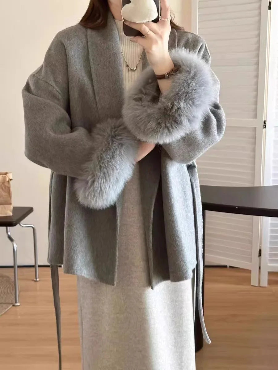 DFDG Short Lace Up Lapel Cashmere Woolen Coat For Women's Fashion Temperament 2024 Autumn And Winter New Collection | Color:Gray