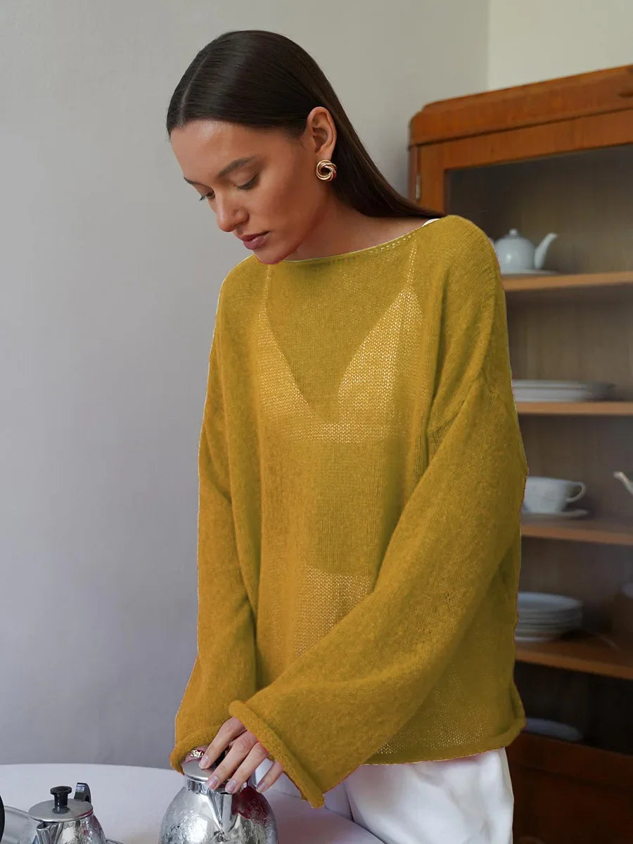 Talenza Hollow Knitted Sweater Pullover Women's Solid See-through O-Neck Long Sleeve Knitted T-Shirt Loose Casual Pullover 2025 | Color:Yellow