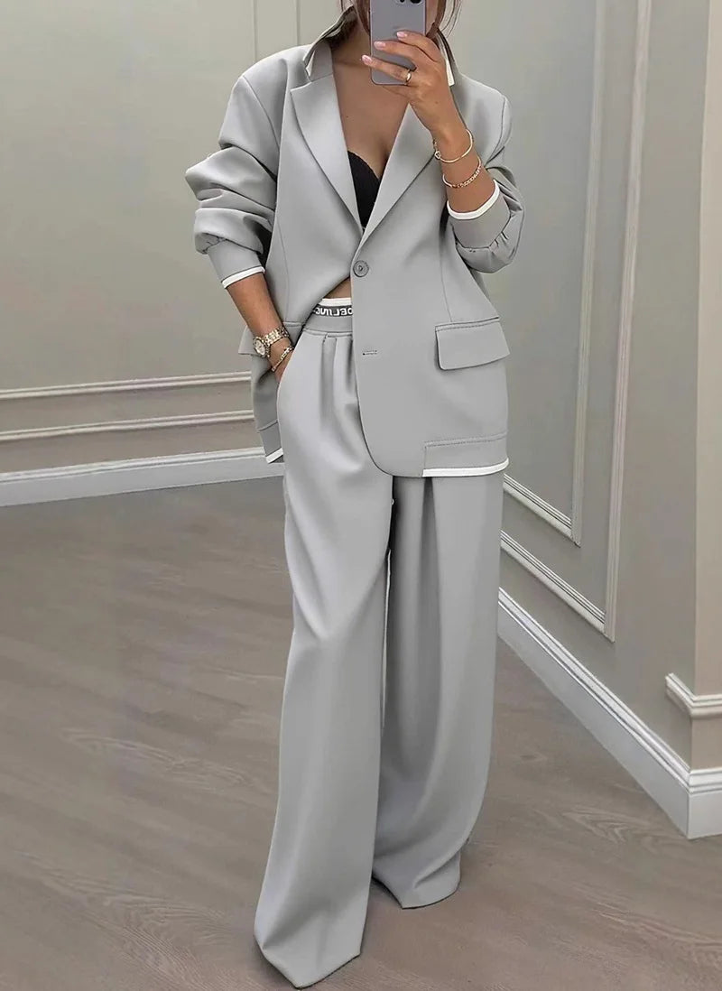 Temperament Women's Pants Suit Loose Solid Color Autumn Winter Commuting Long-sleeved Lapel Top Wide-leg Trousers Two-piece Set | 2