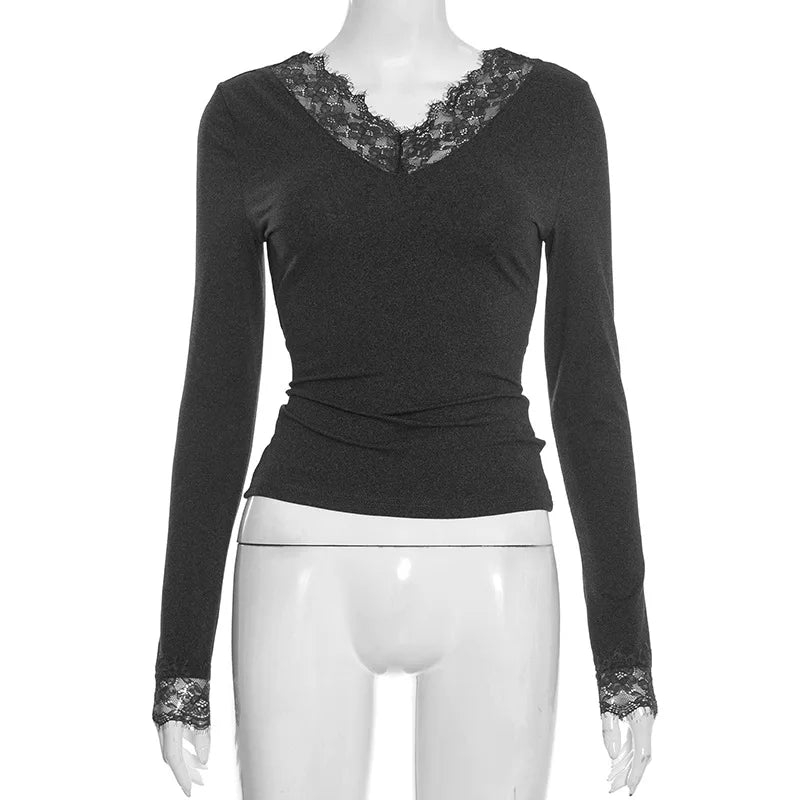 Tornova V neck Lace T shirt Top Women Sexy Navel Exposed Pullover Fashion Splice Hot Girl Club Party Top Autumn New Lady T shirt | Color:Dark Gray