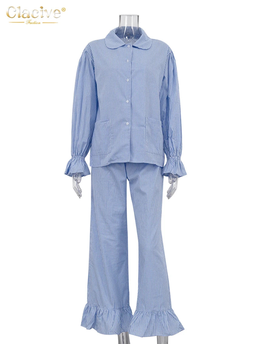 Clacive Fashion Loose Plaid Cotton Women's 3 Pieces Set 2025 Elegant Long Sleeve Shirt With High Wiast Wide Pants Set Female | 4