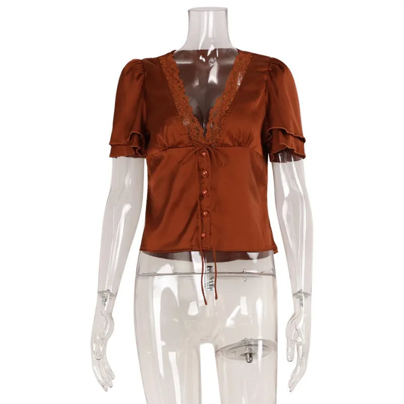 Tuularose Elegant Lace T-Shirt Female Sexy V-Neck Lace Patchwork Lace-up Short Top Summer Fashion Luxury Party Look Top Women | Color:Coffee