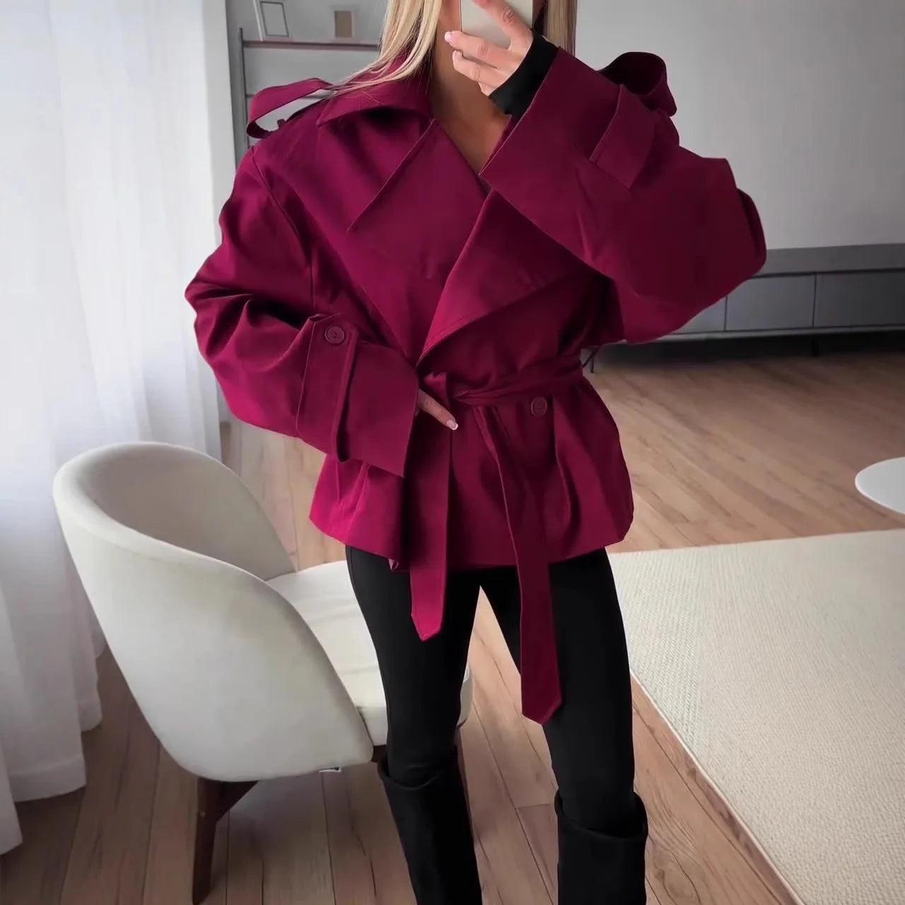 F New Fashion Lace up Cropped Trench Coat Women Lapel Long Sleeves Wide Shoulder Windbreaker Jacket Fall Commuting Daily Jackets | Color:red