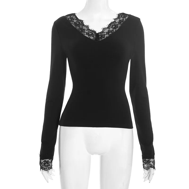 Tornova V neck Lace T shirt Top Women Sexy Navel Exposed Pullover Fashion Splice Hot Girl Club Party Top Autumn New Lady T shirt | Color:Black