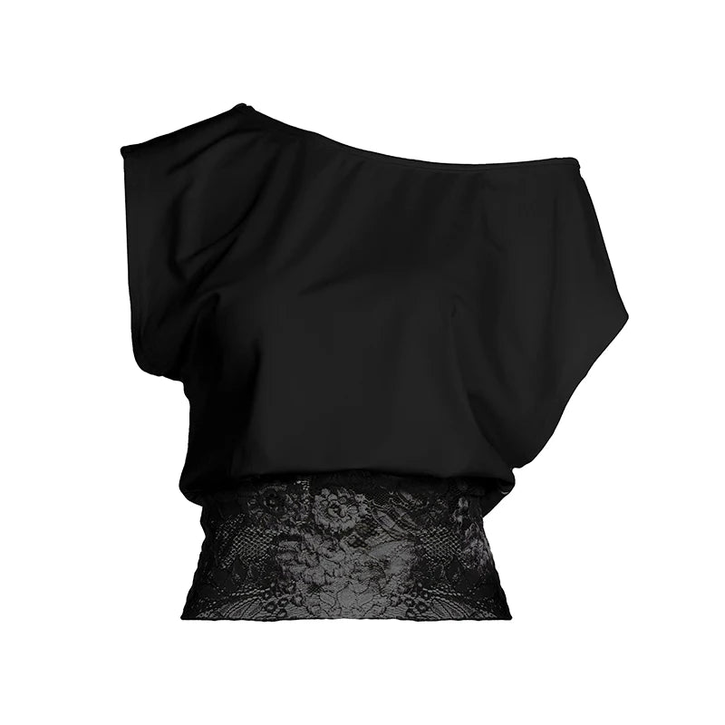 Elegant Patchwork Lace T-Shirt See Through Slim-Fitting Crew Neck Off-Shoulder Long Sleeve Tees Women 2025 Autumn Winter Fashion | Color:Short Sleeve Tees