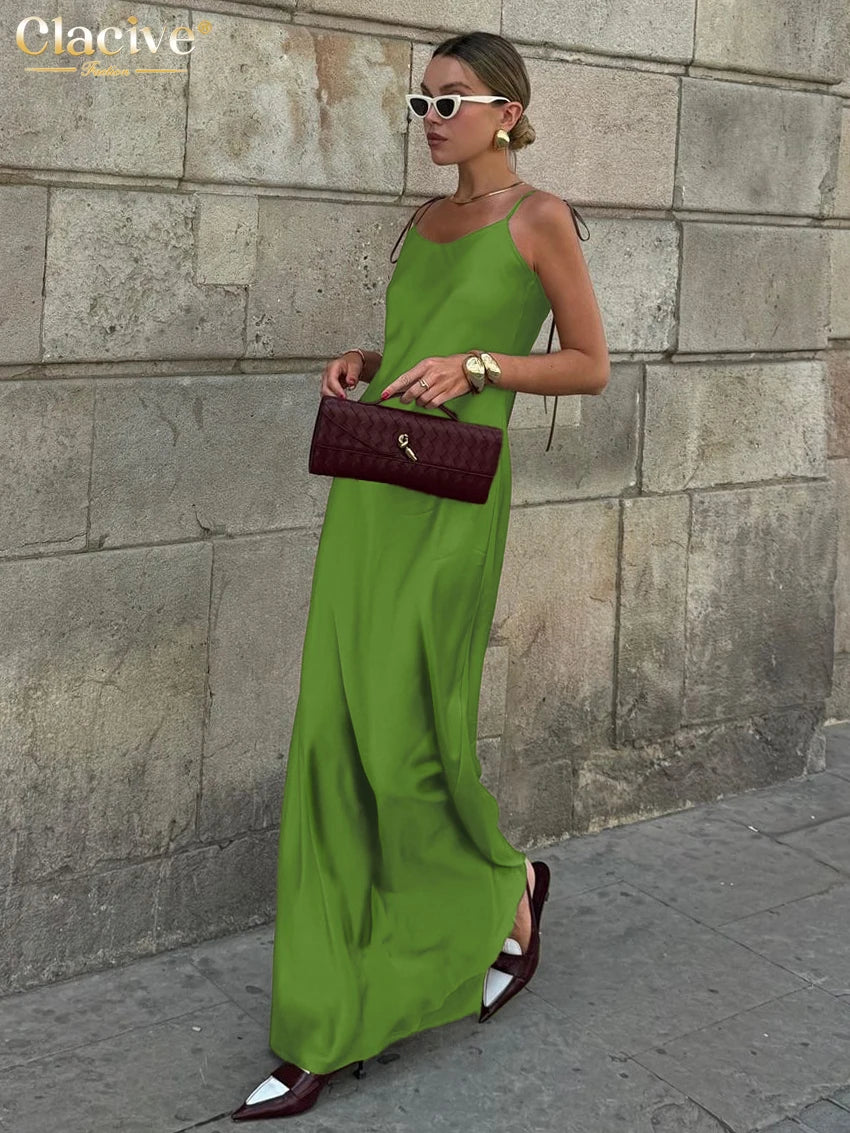 Clacive Fashion Loose Brown Satin Womens Dresses 2025 Summer Strap Sleeveless Floor Length Dress Sexy Backless Female Dress | Color:green