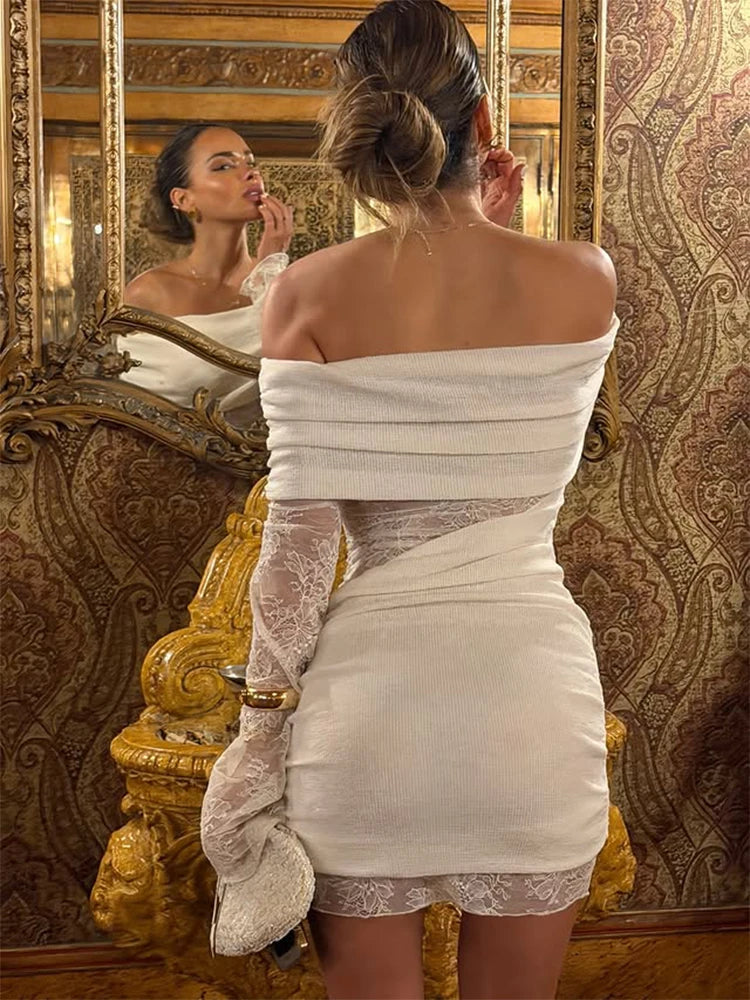 CNYISHE Slash Neck Lace Patchwork Hip Wrap Women Dresses Long Sleeve Sheath Fashion Party Outfits Solid Chic Hot Girl Sexy Club | 3