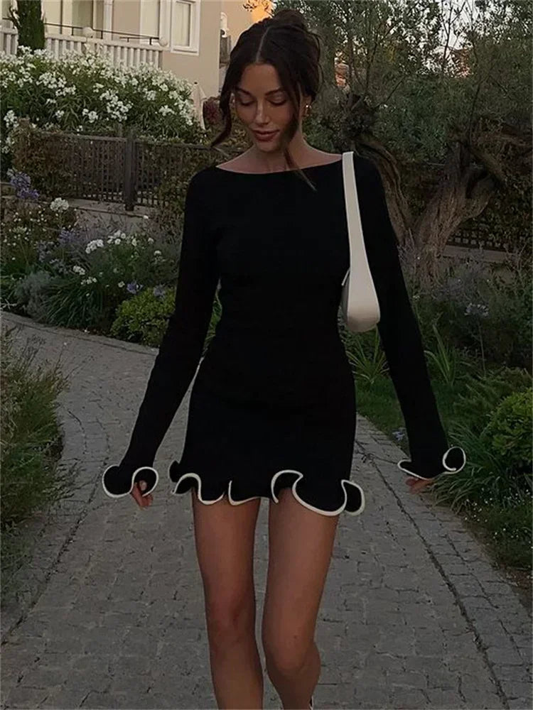 Tossy Fashion Women's Knit Mini Dress Ruffled Autumn High Waist Elegant Slim Party Dress Patchwork Knitwear Sweater Female Dress | Color:Black Mini Dress