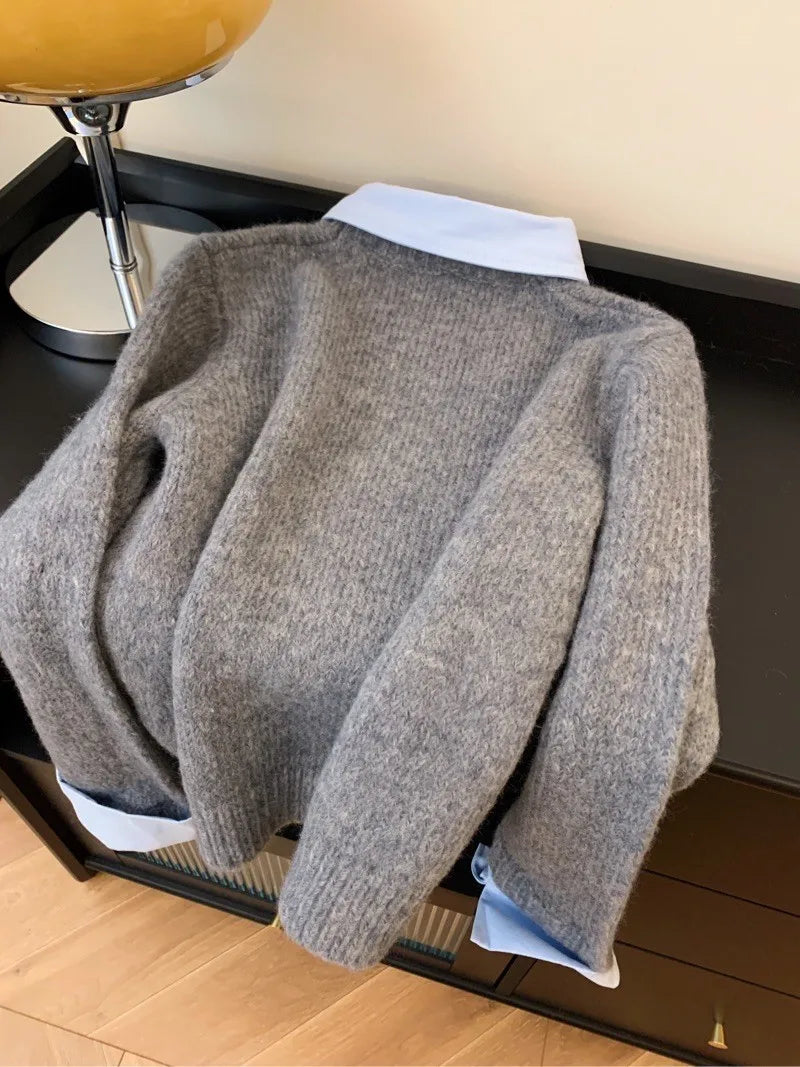 Fake Two Shirts Collar Sweater Women's Autumn Outfit New Lazy Linterior Contrasting Color Gray Knit Sweater Top With Flip Collar | Color:gray