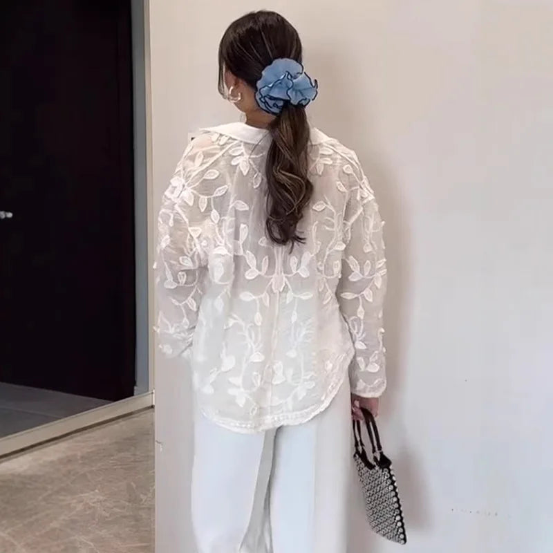 Heavy Industry Embroidery Lapel Long Sleeved Shirt for Summer Sun Protection, New Embroidery Loose Top Cardigan | 2