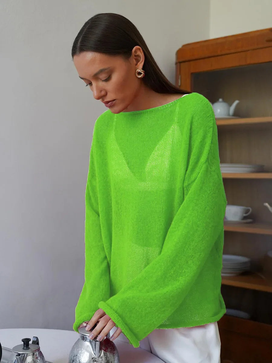 Talenza Hollow Knitted Sweater Pullover Women's Solid See-through O-Neck Long Sleeve Knitted T-Shirt Loose Casual Pullover 2025 | Color:Green