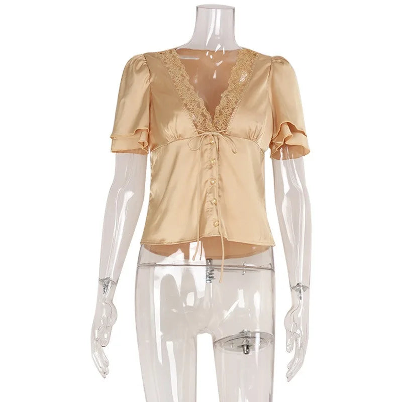 Tuularose Elegant Lace T-Shirt Female Sexy V-Neck Lace Patchwork Lace-up Short Top Summer Fashion Luxury Party Look Top Women | Color:Champagne