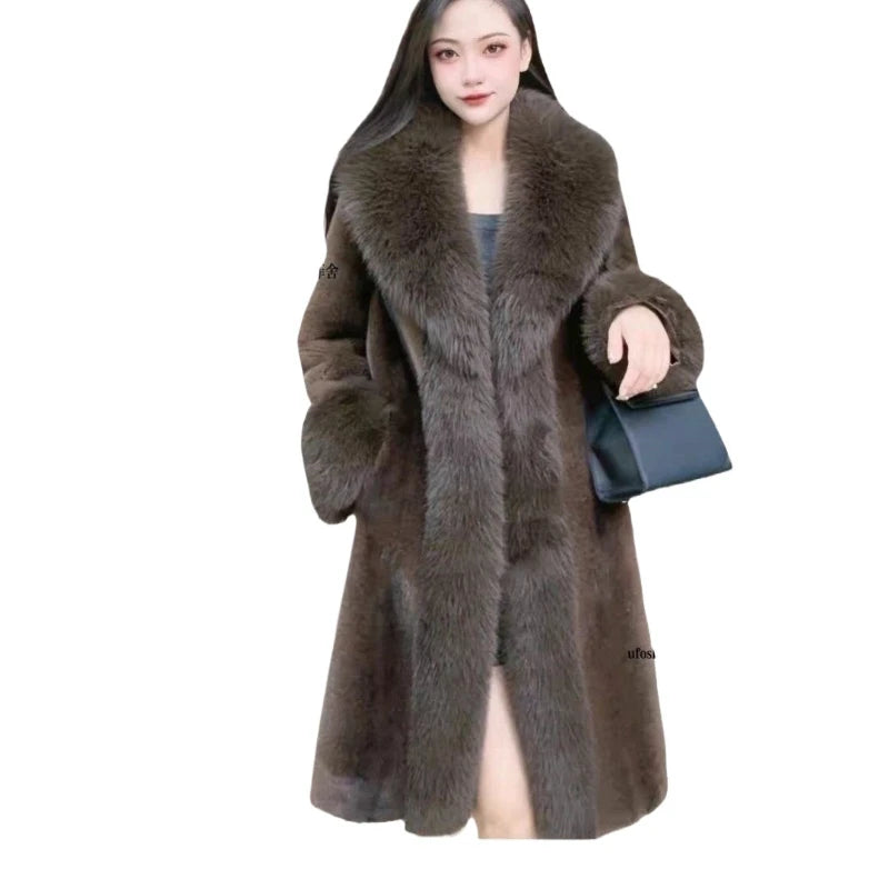 Faux Fur Coats Women Long Coat Thick Warm Turn Down Collar Open Stitch Spring Outerwear Jackets Elegant Splice Autumn Winter | 4