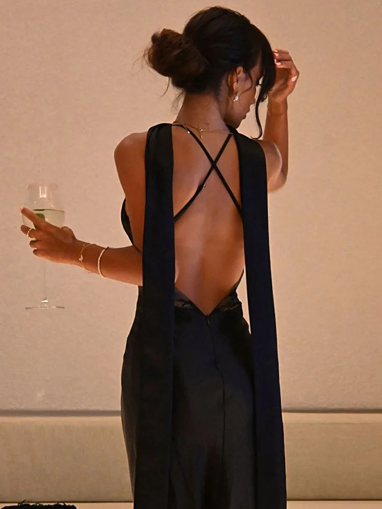 CNYISHE Lace Patchwork Backless Camisole Women Dresses Sleeveless V Neck Outfits Sexy Club Fashion Solid Female Vestidos Robes | 1