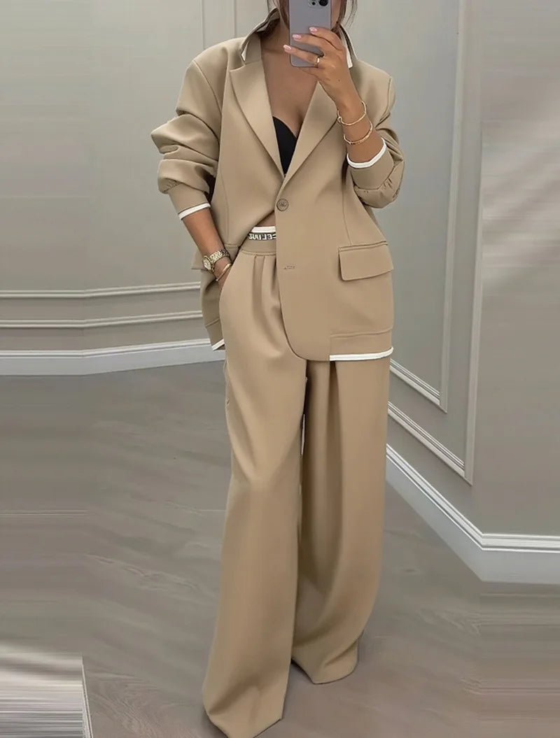 Temperament Women's Pants Suit Loose Solid Color Autumn Winter Commuting Long-sleeved Lapel Top Wide-leg Trousers Two-piece Set | 3