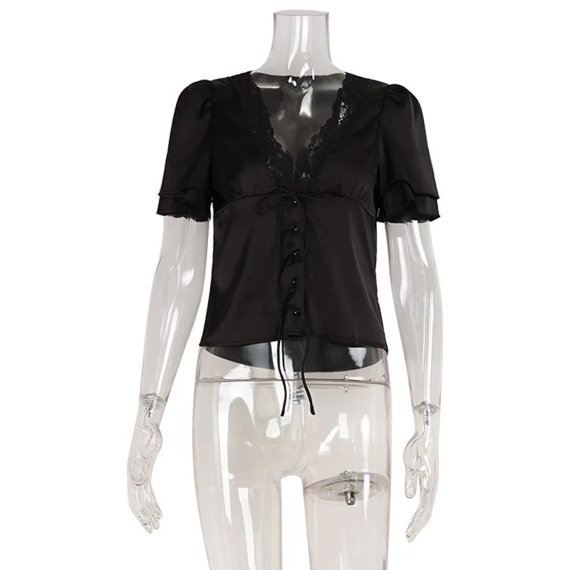 Tuularose Elegant Lace T-Shirt Female Sexy V-Neck Lace Patchwork Lace-up Short Top Summer Fashion Luxury Party Look Top Women | Color:black