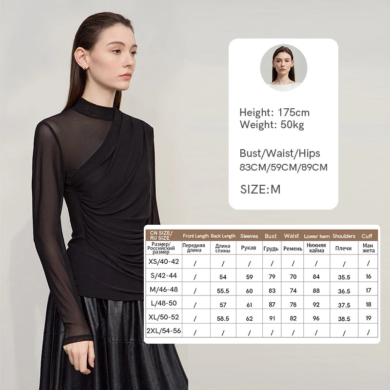 AMII T Shirts Women 2025 Autumn New O-Neck Slim Versatile Lady Knitted Tops Long Sleeve Sexy See-through Mesh T-shirt 12543162 | Color:Black T-shirt