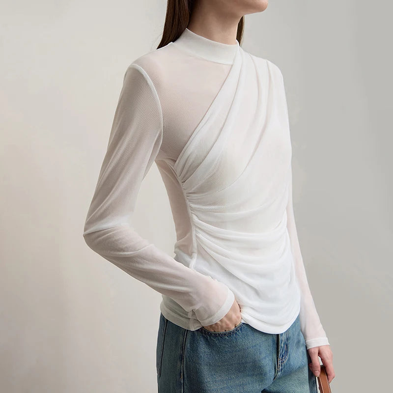 AMII T Shirts Women 2025 Autumn New O-Neck Slim Versatile Lady Knitted Tops Long Sleeve Sexy See-through Mesh T-shirt 12543162 | 4