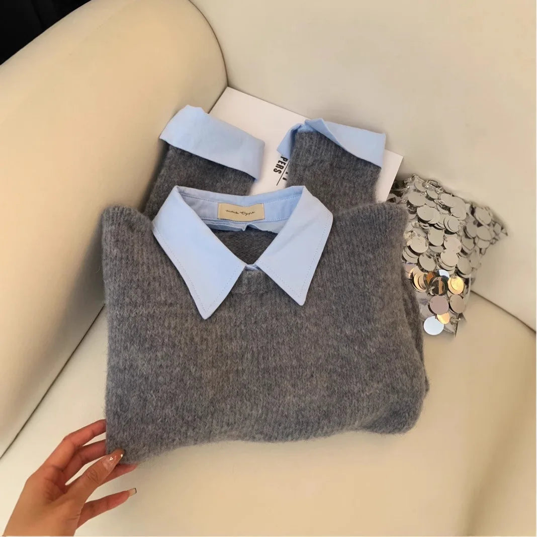 Fake Two Shirts Collar Sweater Women's Autumn Outfit New Lazy Linterior Contrasting Color Gray Knit Sweater Top With Flip Collar | 4