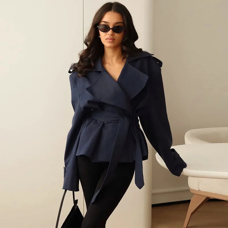 F New Fashion Lace up Cropped Trench Coat Women Lapel Long Sleeves Wide Shoulder Windbreaker Jacket Fall Commuting Daily Jackets | 0