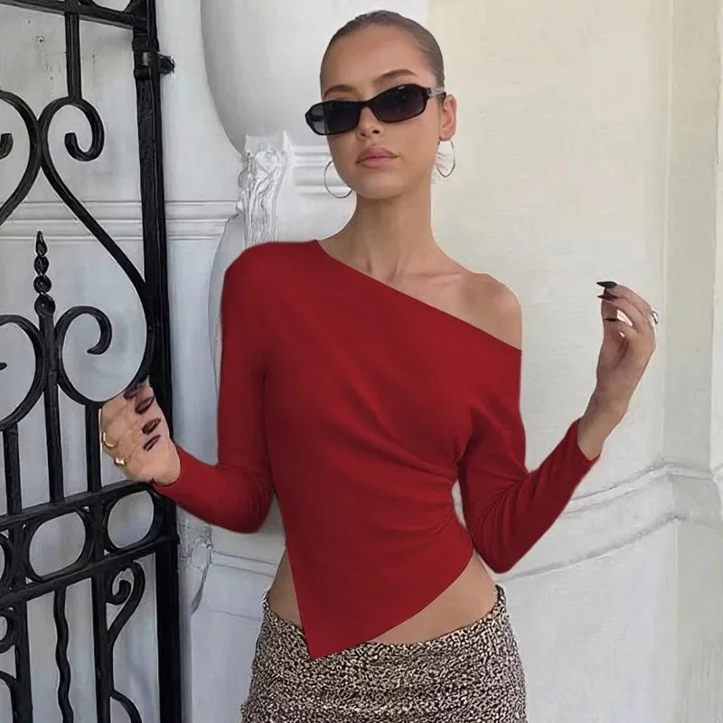 Talenza Women Casual Top Fashion Slim Slit Long Sleeve Pullover Top Sexy Strapless Pleated New Party Looks Top Female Streetwear | Color:Red