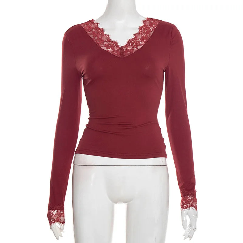 Tornova V neck Lace T shirt Top Women Sexy Navel Exposed Pullover Fashion Splice Hot Girl Club Party Top Autumn New Lady T shirt | Color:Wine Red