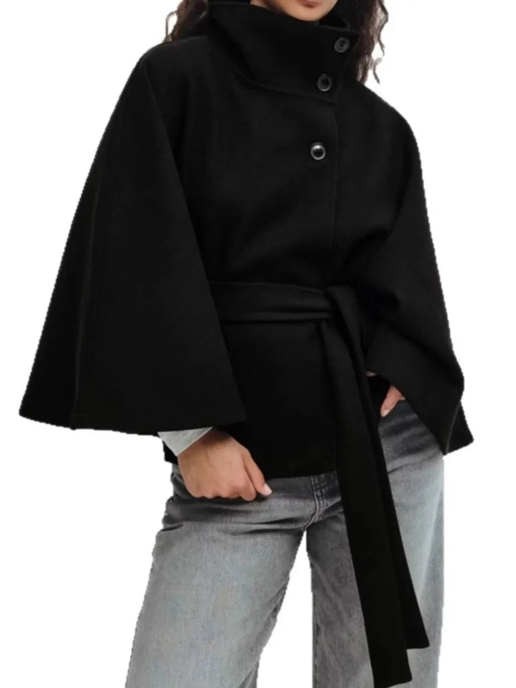 Casual Y2K Coats Women's Autumn Winter New Fashion Solid Color Cloak Stand Collar Button Belt Windbreaker Jacket Women Clothes | 4