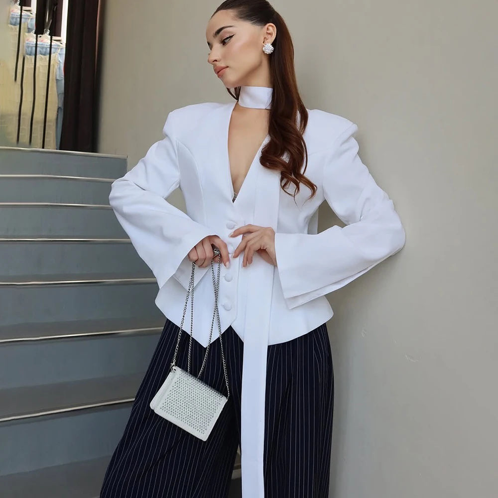 Tuularose Single Breasted Coat Women's V Neck Scarf With Long Sleeve Waist-Cinching Blazer Jacket Lady Casual Slim Commute Coat | 5