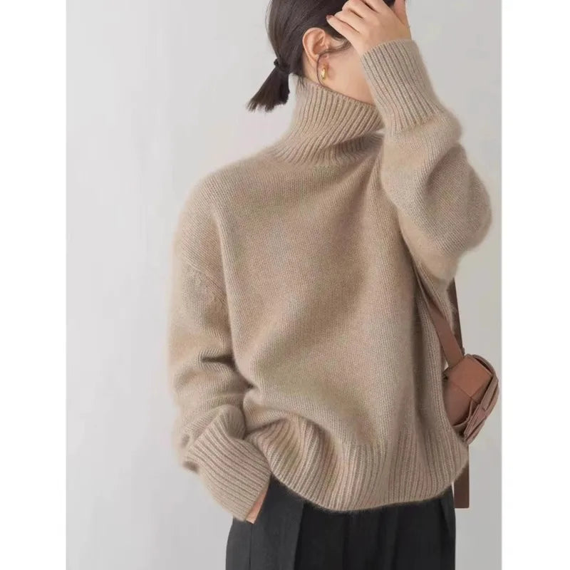 2024 Autumn and Winter New Thick Cashmere Sweater Women High Neck Pullover Sweater Warm Loose Knitted Base Sweater Jacket Tops | Color:camel
