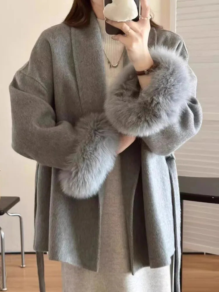 DFDG Short Lace Up Lapel Cashmere Woolen Coat For Women's Fashion Temperament 2024 Autumn And Winter New Collection | 3