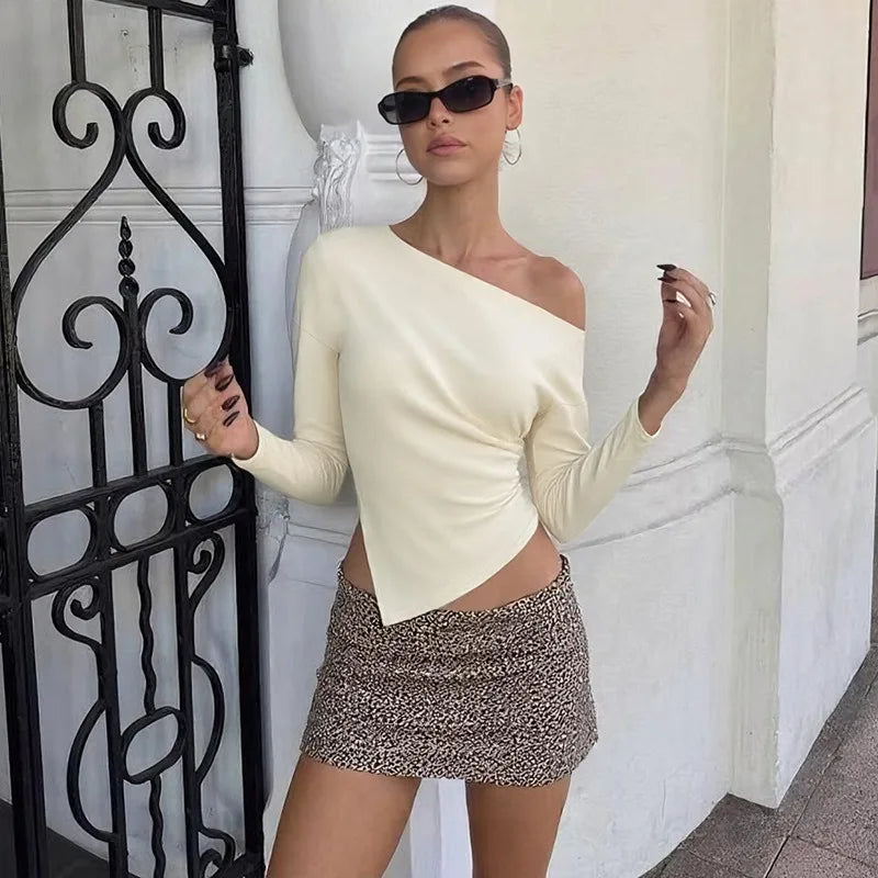Talenza Women Casual Top Fashion Slim Slit Long Sleeve Pullover Top Sexy Strapless Pleated New Party Looks Top Female Streetwear | 1